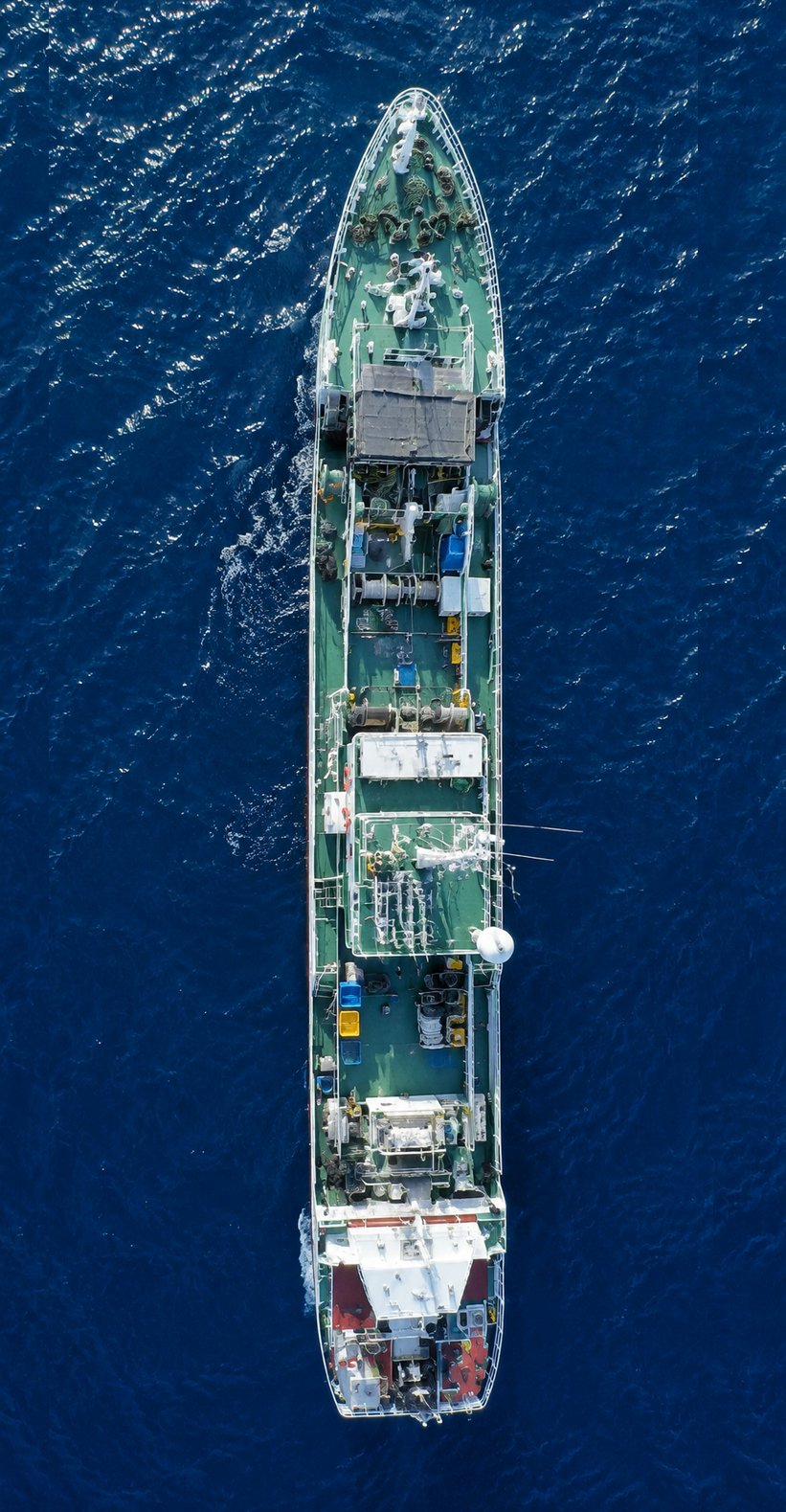 Aerial view of a longline fishing vessel at sea